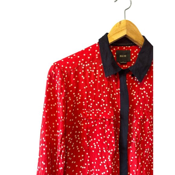 Anthropologie Maeve sz 6 Button Down Polka Dot Blouse Shirt Navy Red Long Sleev - Picture 3 of 14